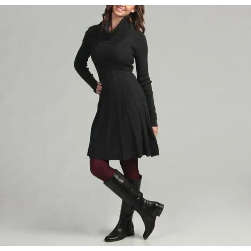 Calvin Klein Cowl Neck Ribbed Pleat Sweater Dress Black 1X MSRP $128‎